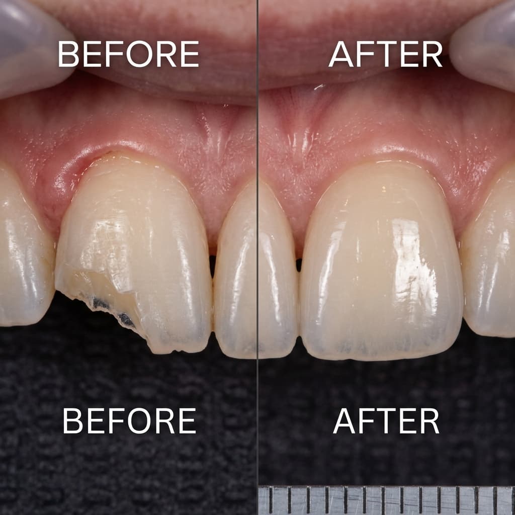 Before and after smile transformation, Chipped Incisor Composite Bonding