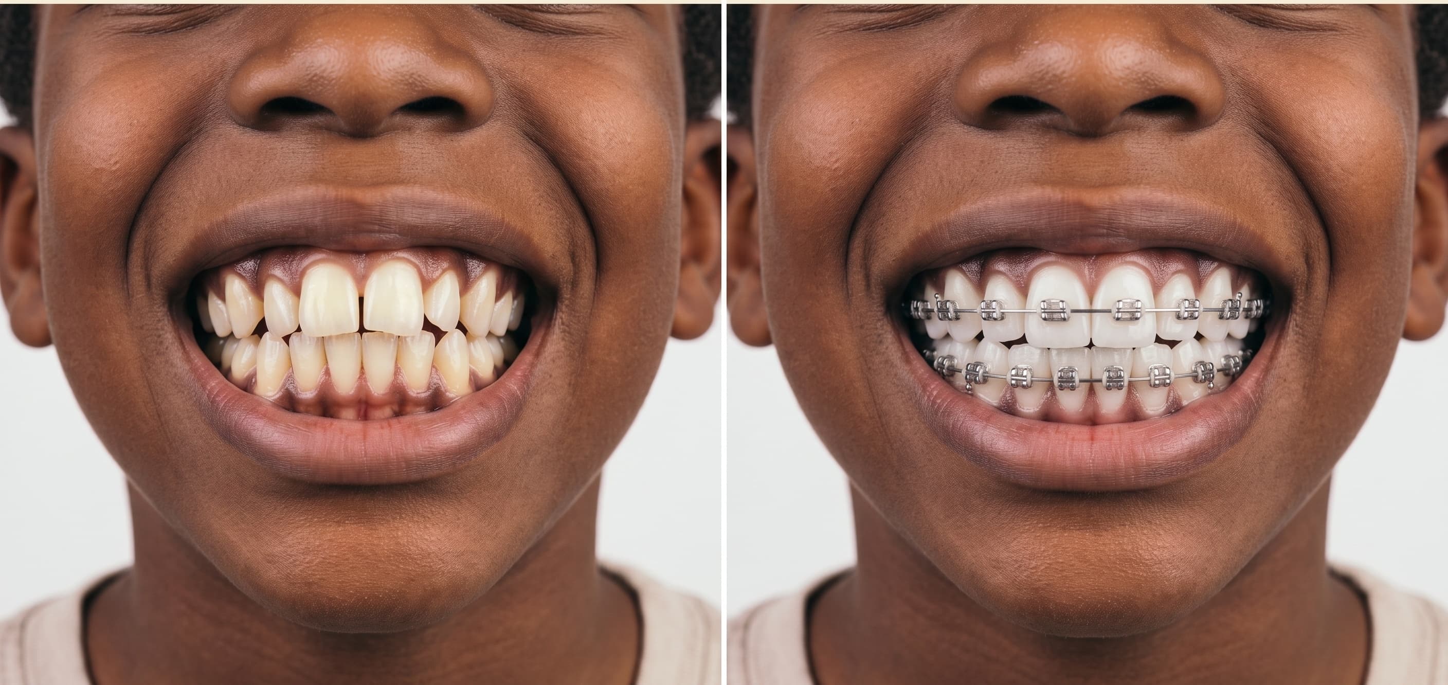 Before and after smile transformation, Bite Correction Metal Braces