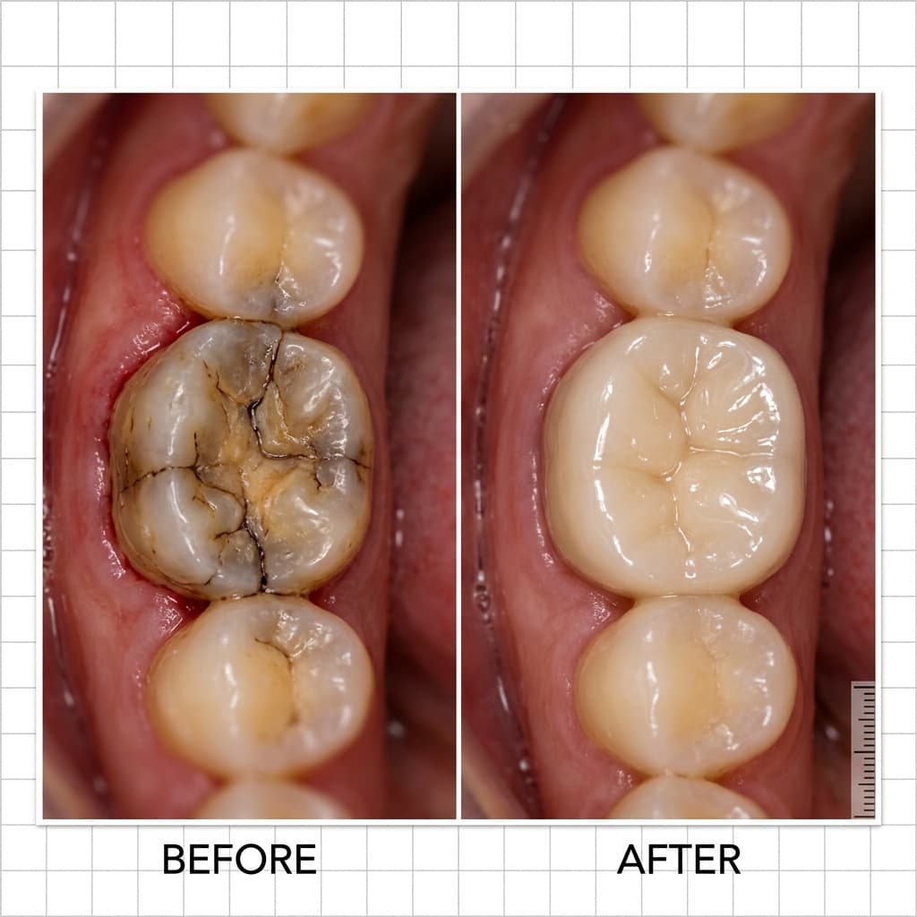 Before and after smile transformation, Full Zirconia Ceramic Crown Restoration