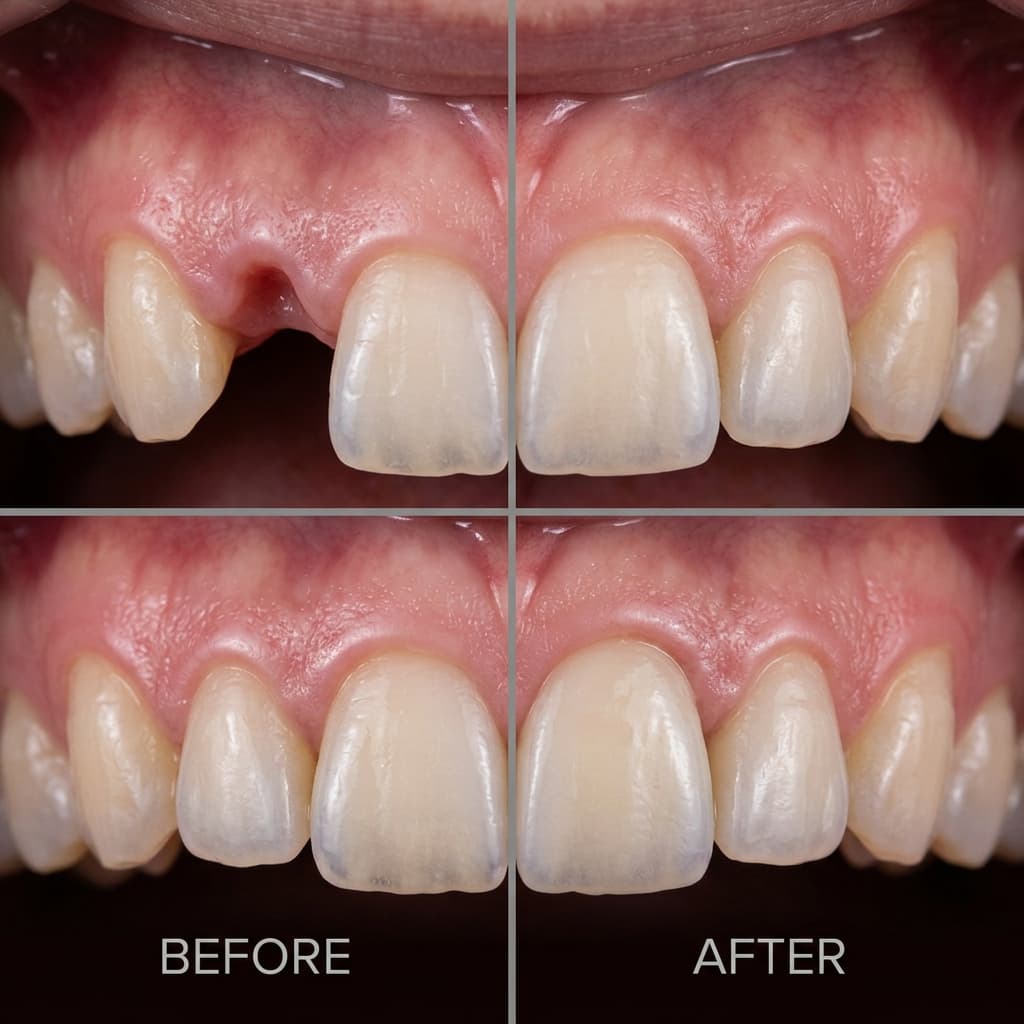 Before and after smile transformation, Single Front Tooth Porcelain Implant