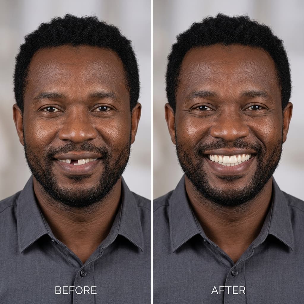 Before and after smile transformation, Molar Restoration Dental Implant Case