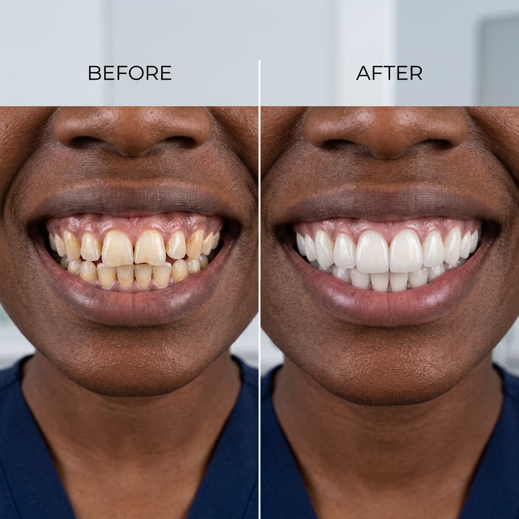 Before and after smile transformation, Porcelain Veneers Smile Makeover